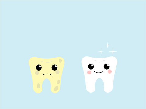 Image before and after cleaning and whitening teeth dental care concept .Cartoon tooth character happy bright tooth and moody dirty tooth comparison.Vector illustration on blue background.