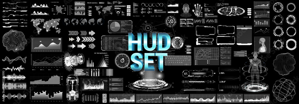 Poster Futuristic Graphic HUD elements set. Scifi elements for UI, GUI, Web and VR technology. Cyberpunk elements (hi-tech circles, shapes, holograms, charts, infographics and UI elements) HUD vector set