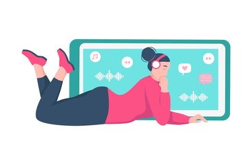A young woman is lying on the floor and listens to music with headphones. Concept podcast, music lover, online radio, audiobook, daily life. Flat vector illustration.