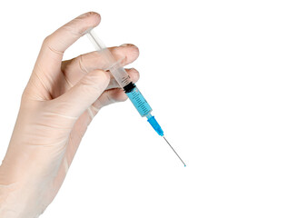 women's hands in white rubber medical gloves hold a syringe with medicine on a white background