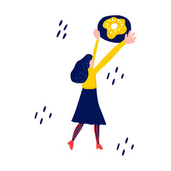 woman jumping for a donut. Vector illustration