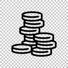 Stack of money coins, dollar or euro, business icon. Black editable linear symbol on transparent background