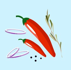 Vector chili pepper red and rosemary spices with flat style.