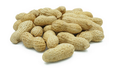 Heap of dried peanuts, Monkey nuts, Groundnuts, Isolated on white background, Close up