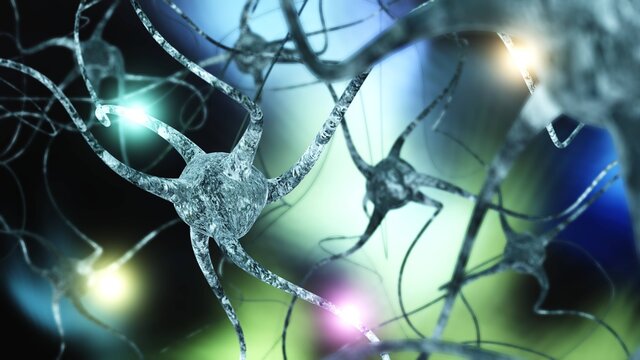 Neuron close-up, the work of the neural network, the signal in the neural network, the work of the brain, 3D rendering