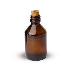 cosmetic bottle with cork stopper on a white. brown bottle full of liquid used in cosmetics and medicine.
