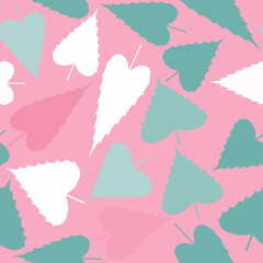 Seamless baby pattern with pink, green and white hand drawn leaves on a pastel pink background. The pattern can be used for wrapping papers, cards, wallpapers, covers, textile prints. Vector, eps 10.