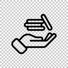 Hand and money, giving a cash, simple icon. Black editable linear symbol on transparent background