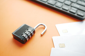 Fototapeta premium padlock on credit card, Internet data privacy information security concept