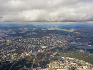 The city of Kiev in cloudy weather. Aerial high view.