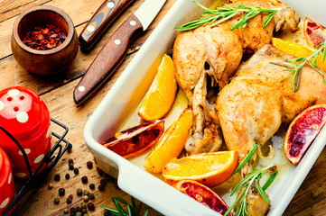 Roasted chicken with oranges,wooden background