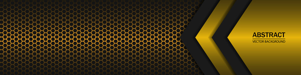 Black and yellow arrow shapes on a gold hexagonal carbon fiber texture. Geometric shapes on a hexagonal gold grid.