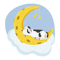 cute puppy sleeps on a cloud. Illustration of the concept of a baby animal for kindergarten, a character for children. Vector illustration on a white background