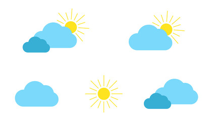 Set with different weather icons. Icons of sun and cloud on a white background. Sunny vector logo. 
