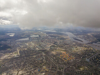 The city of Kiev in cloudy weather. Aerial high view.