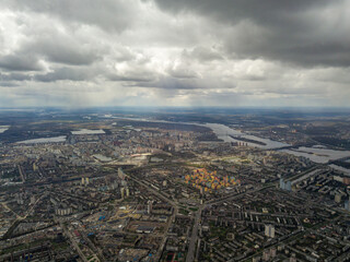 The city of Kiev in cloudy weather. Aerial high view.