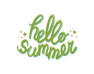 Hello summer calligraphy lettering. Isolated green letters. Hand drawn lettering. Summer quote for banner, poster, card.