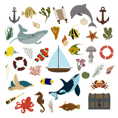 Oceanic animals. Sea set. Vector illustration.
