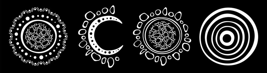Set of stylized suns. Australian art. Aboriginal painting style. Smooth round white shapes, circles isolated on black background. Doodle sketch style. Vector monochrome illustration.