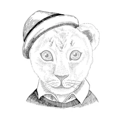 Rolgordijnen Hand drawn portrait of Lion baby with accessories © Marina Gorskaya