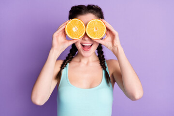 Photo of impressed brown hair lady cover eyes by orange wear blue top isolated on pastel purple color background