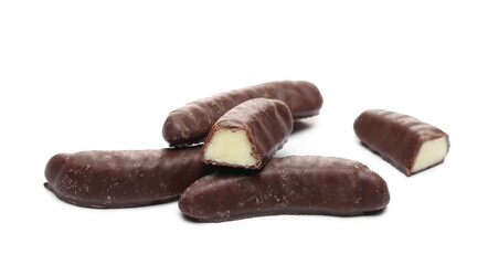 Chocolate foam bananas pile isolated on white background