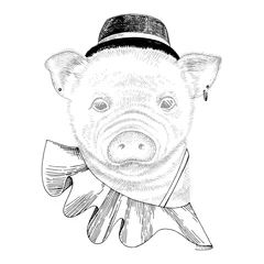 Gordijnen Hand drawn portrait of funny pig with accessories © Marina Gorskaya