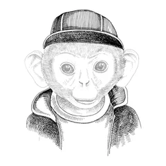 Fotobehang Hand drawn portrait of monkey with accessories © Marina Gorskaya