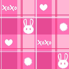 Kawaii tartan model with squares, stripes and gradients. Pink seamless pattern for kids pajamas with rabbits, hearts and text. Repetitive background with plaid checkered motifs.