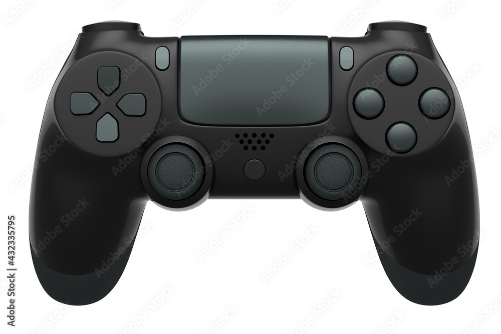 Poster realistic black video game controller on white background