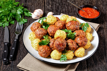 Italian meatballs and pasta balls on a plate