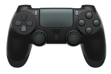 Realistic black video game controller on white background