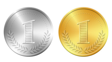 One gold and silver coins vector illustration. Realistic money icon isolated on white background.