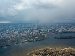 Dnieper river in Kiev in the afternoon. Aerial drone view.