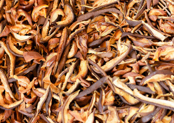 Dried pear slices. Fruit dryer. Drying texture. Dried pears background 