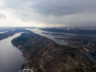 Dnieper river in Kiev in the afternoon. Aerial drone view.