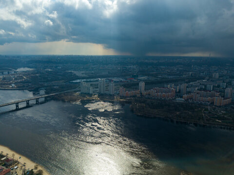 Dnieper river in Kiev in the afternoon. Aerial drone view. © Sergey
