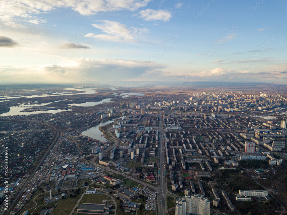 Wall mural dnieper river in kiev at sunset. aerial drone view.