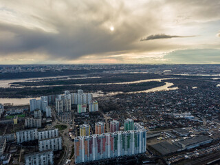 Dnieper river in Kiev at sunset. Aerial drone view.