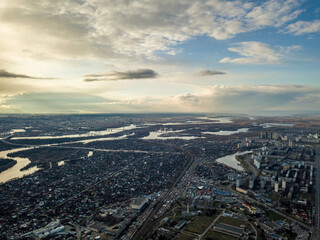 Dnieper river in Kiev at sunset. Aerial drone view.