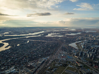 Fototapeta premium Dnieper river in Kiev at sunset. Aerial drone view.