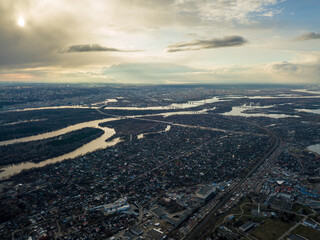Fototapeta na wymiar Dnieper river in Kiev at sunset. Aerial drone view.