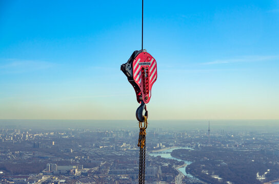 St Petersburg, Russia 04.15.2019: Construction of the largest building in Europe "Lakhta Center" 462 meters, using a Liebherr crane