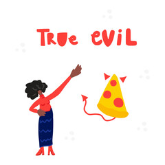 African American woman and slice of pizza. Vector illustration