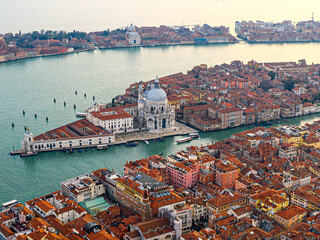 Fototapeta na wymiar Aerial view of the Grand Canal, Basilica Santa Maria della Salute and giudecca island, Venice, Italy