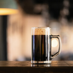 Huge mug of dark beer beer. Alcoholic beverage on table against of backlit blurred background. Side view. Copy space For text.