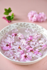 Obraz na płótnie Canvas Sakura flowers in a bowl in water on a powdery background.