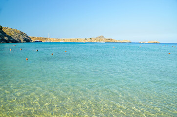 sea beach in lindos in rhodes island in greece