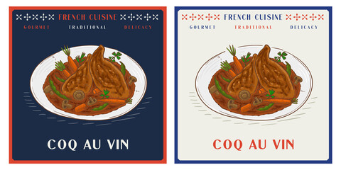 French dish of chicken braised with wine or coq au vin - obrazy, fototapety, plakaty