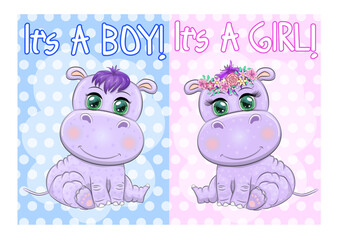 Two Cute cartoon hippo with beautiful eyes among flowers, hearts, a boy and a girl. baby shower invitation card